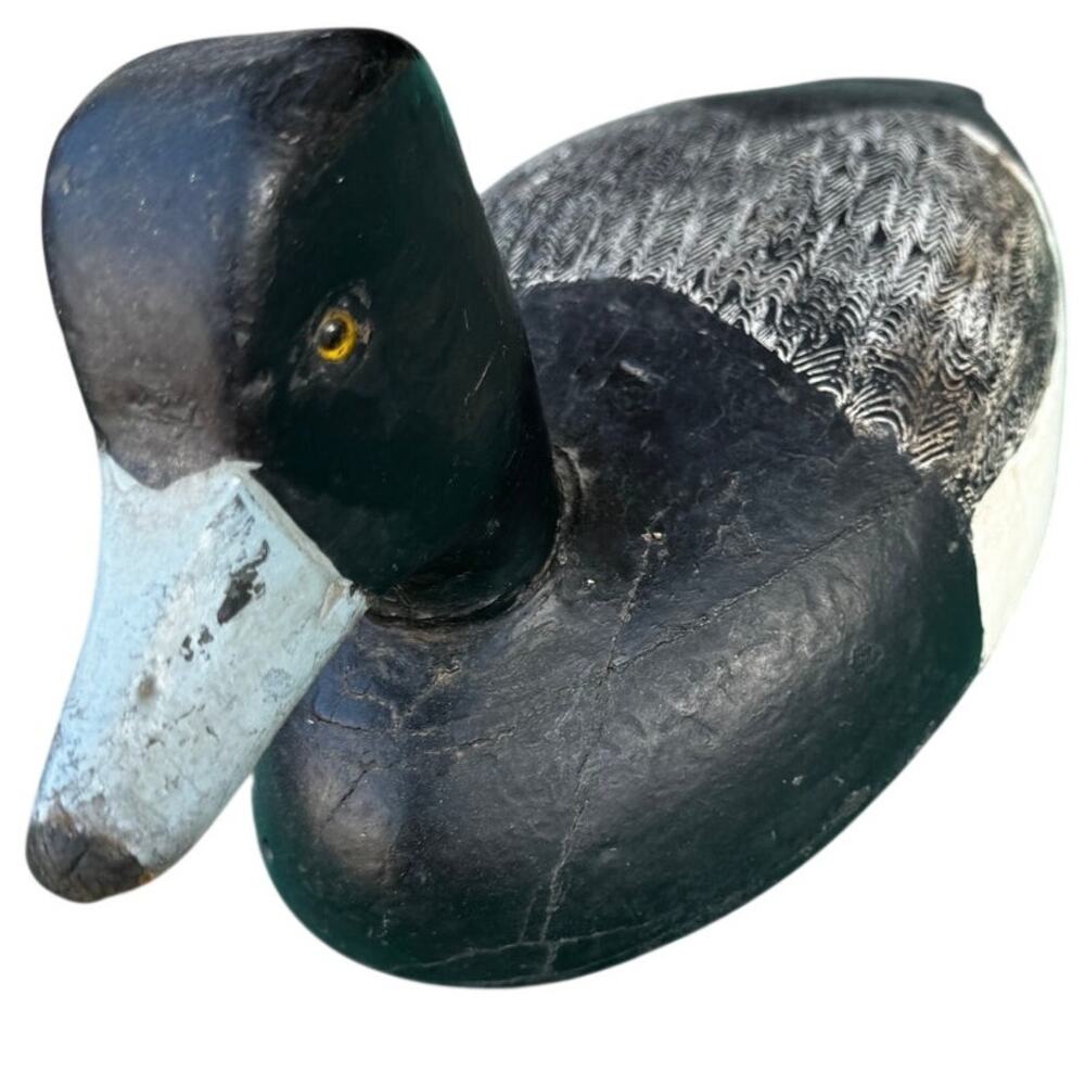 VTG Bluebill Drake Duck Decoy Hollow Wood Glass Eyes